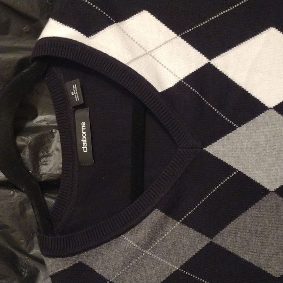 Claiborne 100% cotton black grey white argyle print v neck sweater - Picture 4 of 7